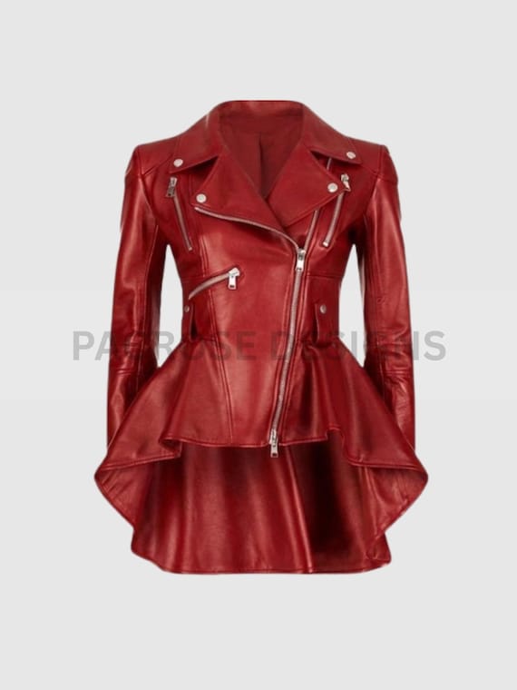 Women's Red Genuine Sheep Leather Peplum Biker Jacket, Frock Style Moto Coat