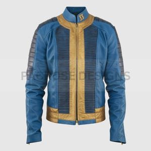May include: A blue and gold leather jacket with a stand-up collar and a full-length zipper. The jacket features gold accents on the collar, front, and waist, with ribbed detailing on the sleeves and chest. The jacket has a logo on the collar.