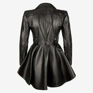 Women's Red Genuine Sheep Leather Peplum Biker Jacket, Frock Style Moto Coat image 4