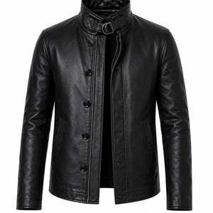May include: A black leather jacket featuring a high stand-up collar with a metal buckle strap closure. The front includes a central zip hidden by a placket with four large black buttons. It has long sleeves and two side pockets.