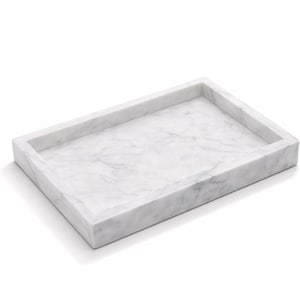 May include: A rectangular tray crafted from white marble with natural grey veining. The tray features a flat base and raised edges, creating a shallow basin. The polished stone surface displays a smooth texture and a consistent pattern throughout.