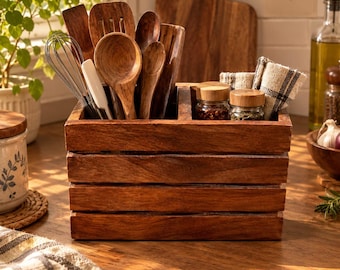 May include: A rectangular wooden kitchen utensil holder with horizontal slats, containing various wooden spoons, a metal whisk, and a white spatula. Two small glass jars with wooden lids and a folded plaid cloth napkin are stored in the side compartment.