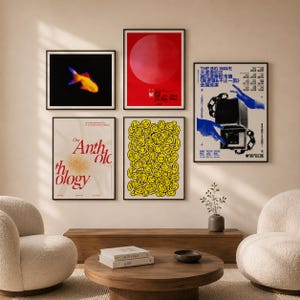 Eclectic Gallery Wall Set, 5 Modern Posters, Japanese Red Typography (Digital Download)