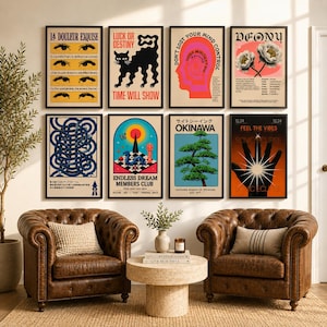 Conjunto ecléctico de 8 láminas para pared / Colección de pósteres surrealistas, retro, abstractos y maximalistas / Decoración de pared imprimible