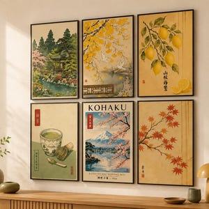 Japansk vintage väggkonst set med 6, asiatiska botaniska, landskapstryck, matcha-affischsamling, Japandi galleriväggdekor, utskrivbar konstset