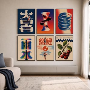 May include: A set of six framed wall art prints arranged in two rows. The prints feature diverse graphic designs including Japanese kanji characters, a koi fish, a red and blue abstract spiral, blue rings, a gradient shape, and a cherry branch.