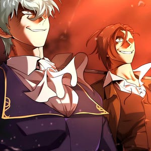 May include: An anime-style illustration of two smiling figures against a fiery orange backdrop. One figure has white hair and a purple jacket with gold trim. The other has brown hair and a brown jacket.