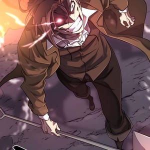 May include: An illustration of a character in a brown suit and coat, with a sinister grin and glowing red eye. The character is holding a metallic tool, set against a fiery background, suggesting action and intensity.