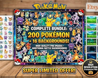 200+ Pokemon Digital PNG Clipart Mega Bundle, 16 Premium Battle Backgrounds, High Resolution Transparent PNG, Commercial Use