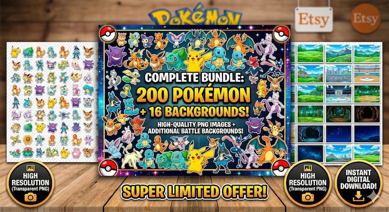 200+ Pokemon Digital PNG Clipart Mega Bundle, 16 Premium Battle ...