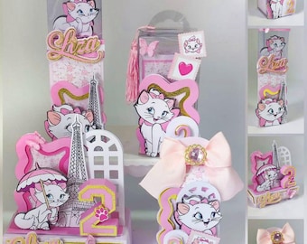 Marie Cat Favor Boxes Kit - Personalized Aristocats Party Boxes - PDF, PNG, SVG, Studio - Pink Floral Marie Treat Boxes
