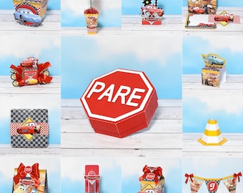 personalized Race Car Birthday Party Kit - Digital Download - SVG, Studio, PDF - Custom Cake Topper, Milk Box, Pyramid Box & PNG Elements.