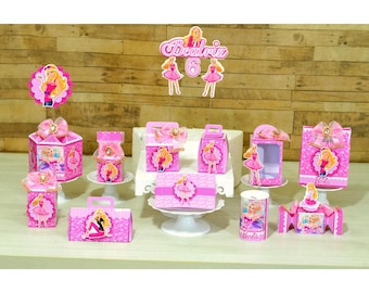 Pink Fashion Doll Birthday Party Kit - Digital Download - Glamor Cake Topper, Custom Favor Boxes, Pink Sparkle PNG Silhouette Studio Files