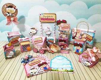 Pink Farm Girl Birthday Party Kit - Digital Download - Barnyard Cake Topper, Custom Favor Boxes, Farm Animals PNG - Silhouette Studio Files