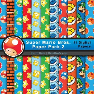 Può includere: Una collezione di 11 carte digitali con motivi di Super Mario Bros. tra cui mattoni, blocchi punto interrogativo, stelle, funghi, gusci e personaggi di Luigi. Il testo recita Super Mario Bros. 11 Digital Paper Pack 2 Kevin Hale HaleGrafx.com.