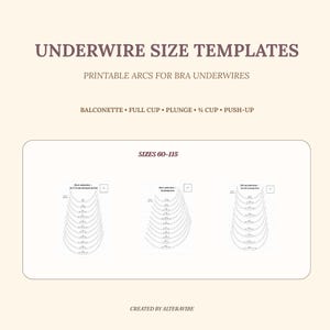 Puede incluir: Un imprimible beige con el texto "UNDERWIRE SIZE TEMPLATES" y "PRINTABLE ARCS FOR BRA UNDERWIRES". También se ve el texto "BALCONETTE • FULL CUP • PLUNGE • ¾ CUP • PUSH-UP". La imagen muestra plantillas de tallas de aros para tallas 60-115.