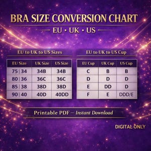 Porównanie rozmiarów biustonoszy – konwersja UE-Wielka Brytania-USA, międzynarodowe odniesienie do rozmiarów, 2-stronicowy plik PDF do druku
