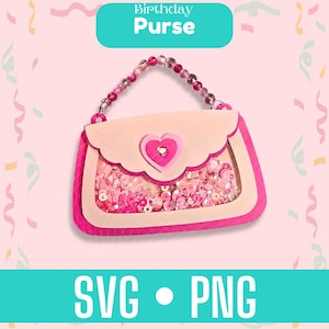 May include: A decorative purse graphic featuring a pink and light pink layered design with a scalloped flap, a heart-shaped center accent, and a handle made of pink beads. The main body contains a clear window filled with pink and white sequins.