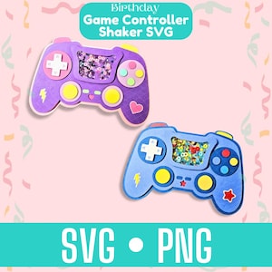 May include: Two colorful game controller designs, one purple and one blue, with shaker elements. The purple controller has a heart and lightning bolt, while the blue one has a star. Text at the top reads "Birthday Game Controller Shaker SVG". Below, the text reads "SVG • PNG".