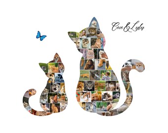 Cadre en toile 60 photos pour collage 2 chats | Modèle modifiable | Cadeau commémoratif personnalisé pour animal de compagnie | Téléchargement numérique par glisser-déposer