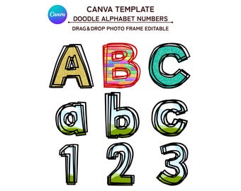 Doodle lettres alphabet et chiffres, modèle de cadre toile, modifiable par glisser-déposer, téléchargement numérique