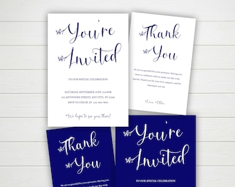 Invitation bleu marine minimaliste et ensemble de cartes de remerciement, modèle de toile modifiable, invitation spéciale célébration script moderne, téléchargement numérique