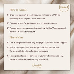 May include: A square digital download instruction card with a cream background and dark text. It includes sections titled How to Access and Please Note, detailing PDF links, Canva account requirements, Etsy purchase access, and usage policies.