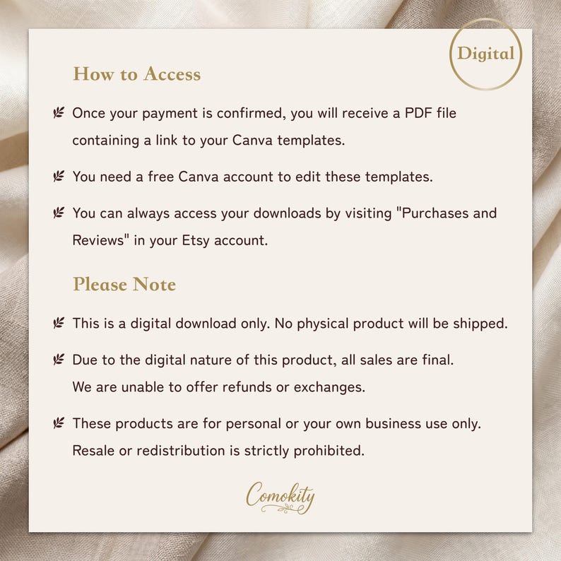 May include: A square digital download instruction card with a cream background and dark text. It includes sections titled How to Access and Please Note, detailing PDF links, Canva account requirements, Etsy purchase access, and usage policies.