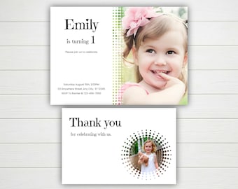 Ensemble de cartes d'invitation et de remerciement premier anniversaire, modèle de toile d'invitation d'anniversaire photo de tout âge, minimaliste Simple, imprimable en téléchargement numérique