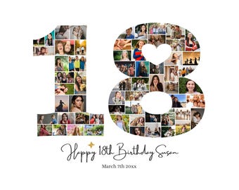 Collage photo 18e anniversaire | de cadre en toile numéro 18 | Cadeau personnalisé de 60 et 28 photos | Téléchargement numérique