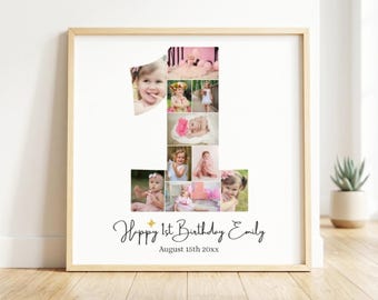 Collage photo 1er anniversaire | Modèle de cadre en toile numéro 1 | 10 photos en cadeau personnalisé | Jalon vieux d'un an | Téléchargement numérique