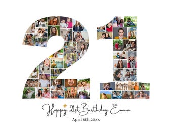 Collage photo 21e anniversaire | de cadre en toile numéro 21 | Cadeau personnalisé de 51 et 23 photos | Téléchargement numérique