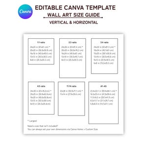 May include: A white wall art size guide from Canva, with dimensions in inches and centimeters. The guide includes ratios like 1:1, 2:3, 3:4, 4:5, 11:14, and A1-A5, with corresponding sizes such as 24x24 in (61x61 cm).