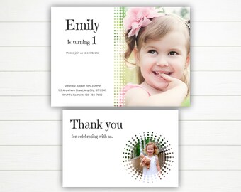 1歳の誕生日招待状＆サンキューカードセット、あらゆる年齢の写真入り誕生日招待状Canvaテンプレート、ミニマルでシンプル、印刷可能なデジタルダウンロード
