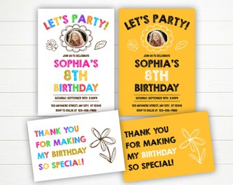 カラフルでシンプルな子供向け誕生日招待状＆サンキューカード｜編集可能なCanvaテンプレート｜印刷可能な即時ダウンロード