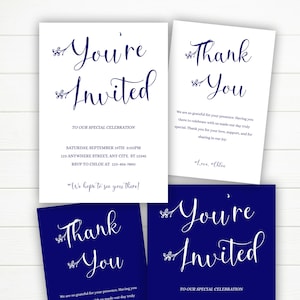 May include: White invitation cards with navy blue text that reads "You're Invited" and "Thank You". The cards include event details and a thank you message. The background is a light wood grain.