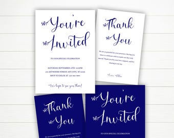 ミニマルなネイビーブルーの招待状とサンキューカードセット、編集可能なCanvaテンプレート、モダンなスクリプトの特別なお祝い招待状、デジタルダウンロード