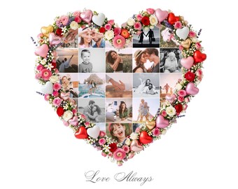 Collage de photos coeur d'amour | Modèle de cadre en toile | Modifiable par glisser-déposer | Cadeau d'anniversaire imprimable
