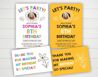 Une invitation d'anniversaire simple et colorée pour enfants et une carte de remerciement | Modèle de toile modifiable | Téléchargement instantané imprimable