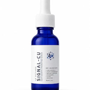 May include: A blue glass bottle of LP Actives Signal-Cu hair growth promoting serum with a white dropper cap. The white label features the product name, a list of key ingredients including GHK-Cu, niacinamide, and melatonin, and a volume of 30ml | 1oz.