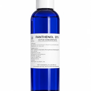 May include: A blue plastic bottle with a white cap and a white label reading PANTHENOL 20% ACTIVE CONCENTRATE. The label lists ingredients, a 20.0% concentration, and net contents of 4 FL OZ (118 mL). It is intended for cosmetic formulations.