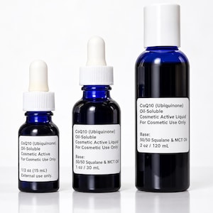 May include: Three blue glass bottles with white dropper caps and white labels. The labels read CoQ10 (Ubiquinone) Oil-Soluble Cosmetic Active Liquid For Cosmetic Use Only. Sizes are 1/2 oz (15 mL), 1 oz (30 mL), and 2 oz / 120 mL with 50/50 Squalane & MCT Oil base.