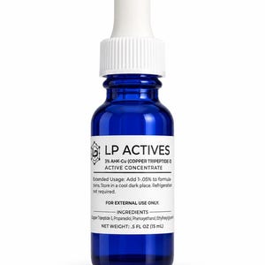 May include: A cobalt blue glass dropper bottle with a white cap and white label. The label reads LP ACTIVES, 3% AHK-Cu (COPPER TRIPEPTIDE-3) ACTIVE CONCENTRATE, Extended Usage: Add 1-.05% to formulations. Store in a cool dark place. NET WEIGHT: .5 FL OZ (15 mL).