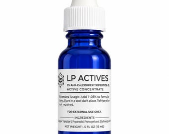 May include: A cobalt blue glass dropper bottle with a white cap and white label. The label reads LP ACTIVES, 3% AHK-Cu (COPPER TRIPEPTIDE-3) ACTIVE CONCENTRATE, Extended Usage: Add 1-.05% to formulations. Store in a cool dark place. NET WEIGHT: .5 FL OZ (15 mL).