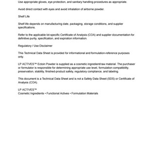 May include: A technical data sheet for LP ACTIVES Ectoin Powder, a cosmetic ingredient. The document includes safety instructions, shelf life information, and a regulatory disclaimer stating it is for informational and formulation purposes only.