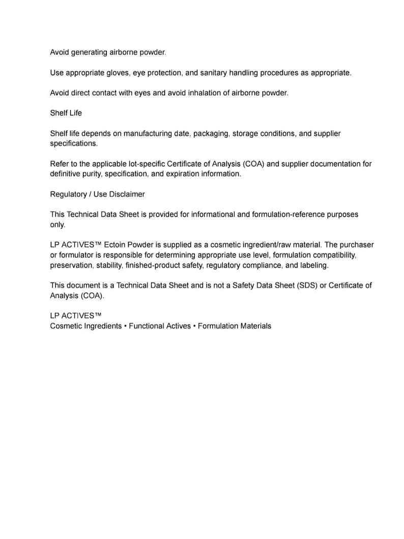 May include: A technical data sheet for LP ACTIVES Ectoin Powder, a cosmetic ingredient. The document includes safety instructions, shelf life information, and a regulatory disclaimer stating it is for informational and formulation purposes only.