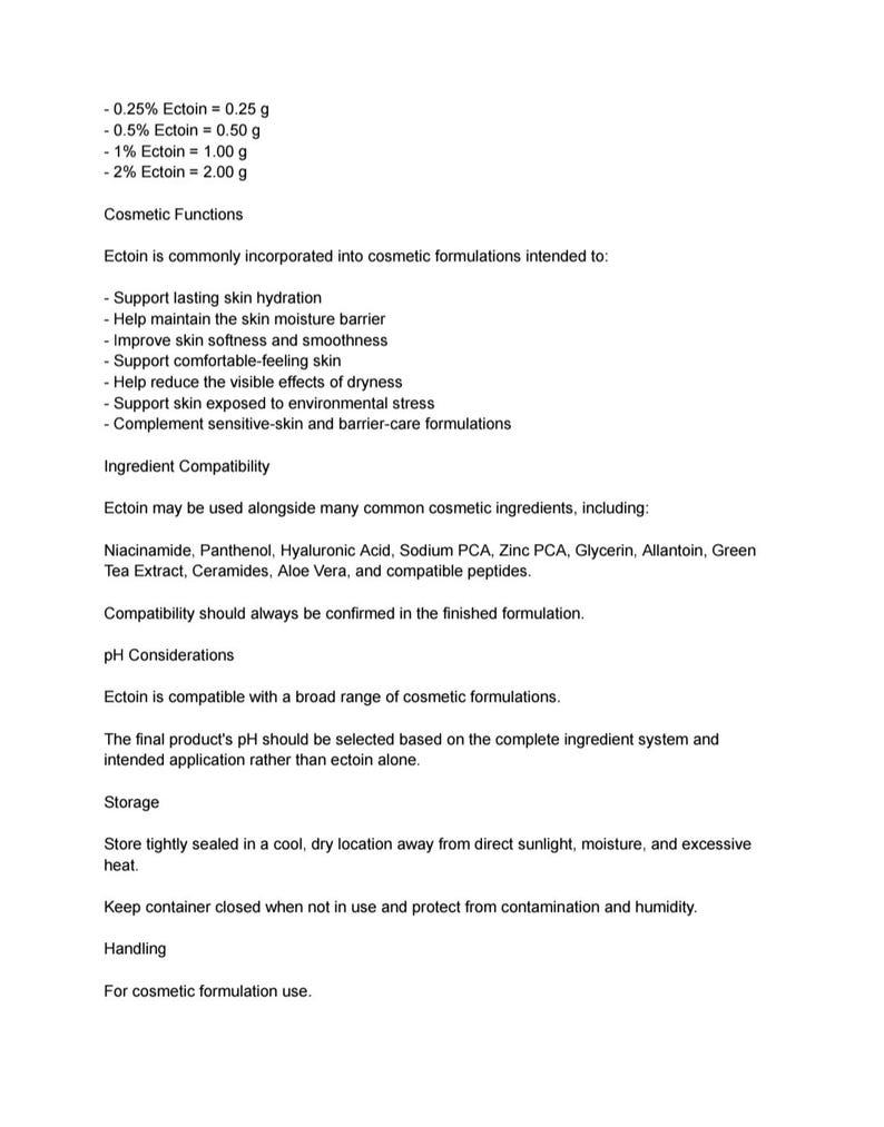 May include: A white document with black text detailing Ectoin cosmetic functions, ingredient compatibility, pH considerations, storage, and handling. It lists Ectoin concentrations from 0.25% to 2% and provides guidelines for skin hydration and moisture barrier support.