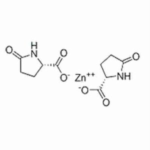 May include: A black and white chemical structure diagram of zinc pyrrolidone carboxylate, featuring two pyrrolidone carboxylic acid molecules flanking a central zinc ion labeled Zn++, with clear bonds, oxygen, nitrogen, and hydrogen atoms.