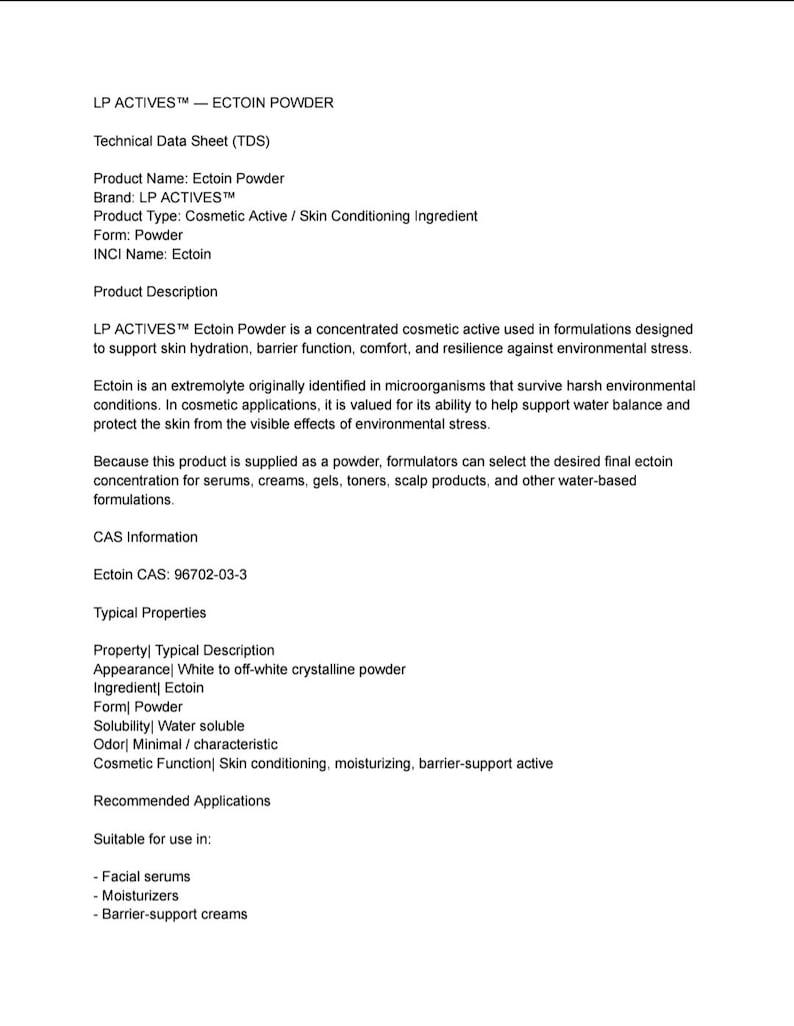 May include: A technical data sheet for LP ACTIVES Ectoin Powder, a cosmetic active ingredient. The document details the product as a white to off-white crystalline powder, its INCI name Ectoin, CAS number 96702-03-3, and its use in water-based formulations.