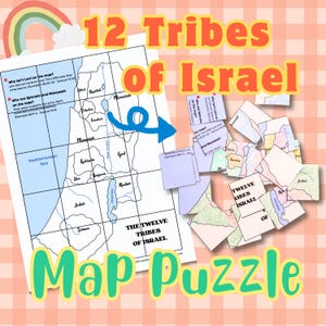May include: A 12 Tribes of Israel map puzzle featuring a large grid sheet with geographical labels and text, alongside a pile of smaller, hand-colored puzzle pieces. The main sheet includes the text The Twelve Tribes of Israel and questions.